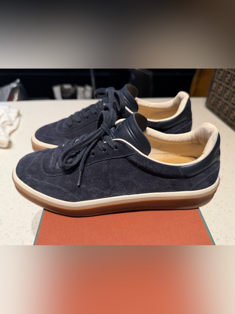 ❌SOLD❌ Loro Piana tennis walk Navy Suede Low-Top Sneakers with Cream Trim - 38 - Picture 3 of 10